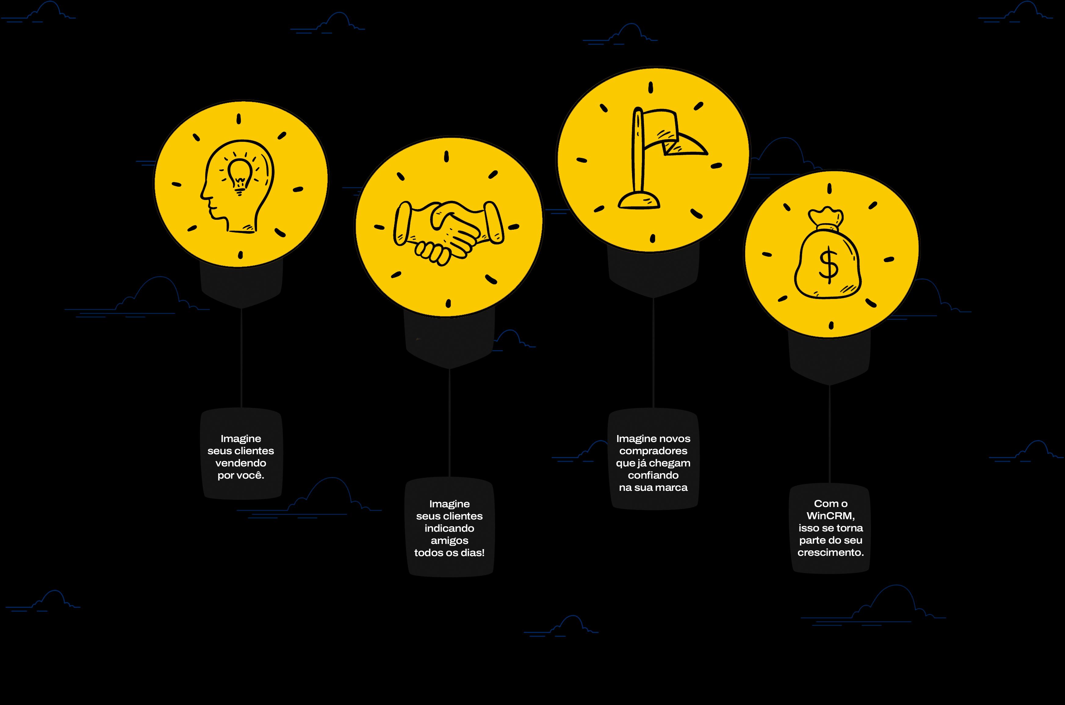 Ilustração de lâmpadas representando ideias, aperto de mão e crescimento financeiro através de indicações