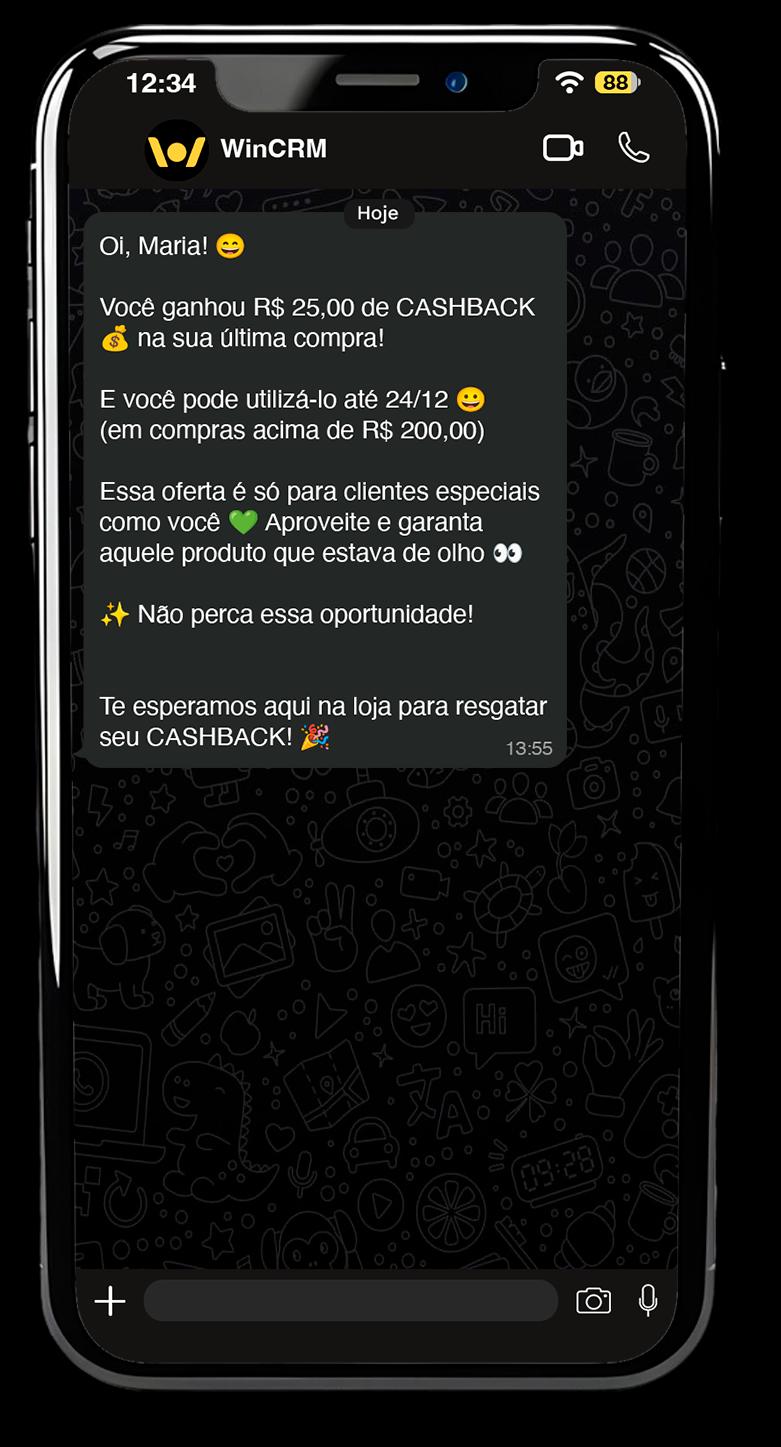 Mockup de celular mostrando mensagem WinCRM no WhatsApp