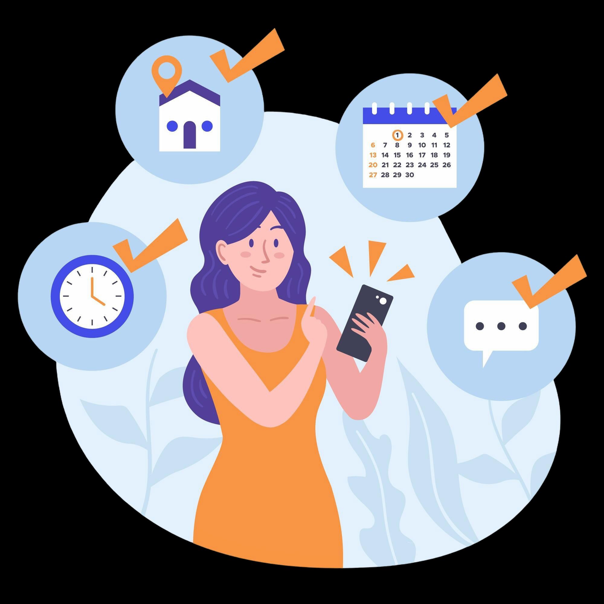 Ilustração de mulher com smartphone e ícones de automação